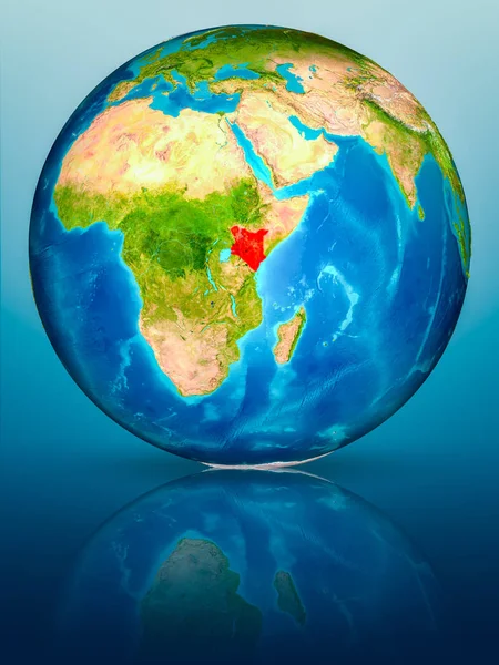 Кения Красном Модели Планеты Земля Отражающей Голубой Поверхности Иллюстрация Элементы — стоковое фото
