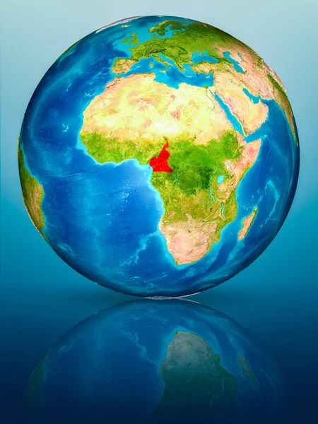 Camerun Rosso Sul Modello Del Pianeta Terra Sulla Superficie Blu — Foto Stock