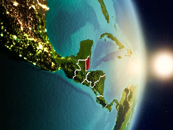 Belize red Planet Earth görünür ülke sınırları ile vurgulanmış gündoğumu sırasında. 3D çizim. Nasa tarafından döşenmiş bu görüntü unsurları.