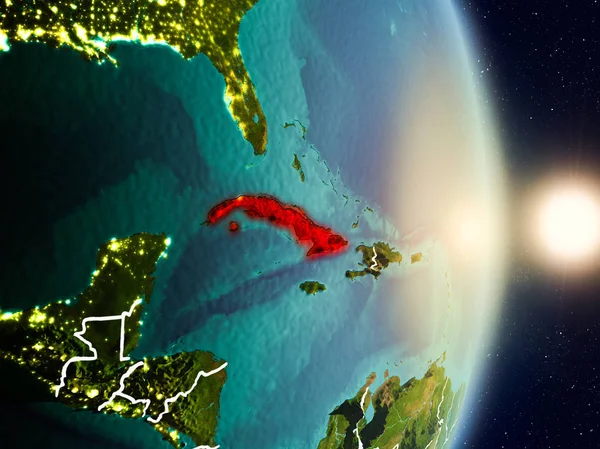 Küba red Planet Earth görünür ülke sınırları ile vurgulanmış gündoğumu sırasında. 3D çizim. Nasa tarafından döşenmiş bu görüntü unsurları.