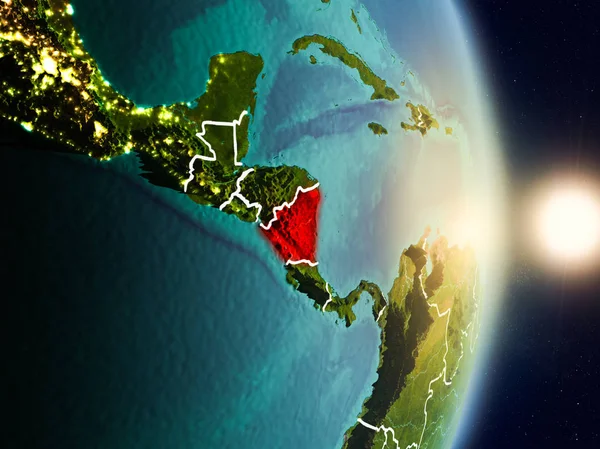 Nikaragua red Planet Earth görünür ülke sınırları ile vurgulanmış gündoğumu sırasında. 3D çizim. Nasa tarafından döşenmiş bu görüntü unsurları.