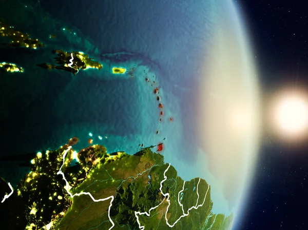 Karayipler red Planet Earth görünür ülke sınırları ile vurgulanmış gündoğumu sırasında. 3D çizim. Nasa tarafından döşenmiş bu görüntü unsurları.
