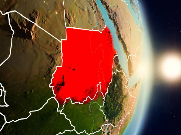 Sudan red Planet Earth görünür ülke sınırları ile vurgulanmış gündoğumu sırasında. 3D çizim. Nasa tarafından döşenmiş bu görüntü unsurları.
