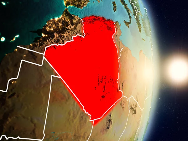 Cezayir gündoğumu Planet Earth görünür ülke sınırları ile kırmızı vurgulanan sırasında. 3D çizim. Nasa tarafından döşenmiş bu görüntü unsurları.