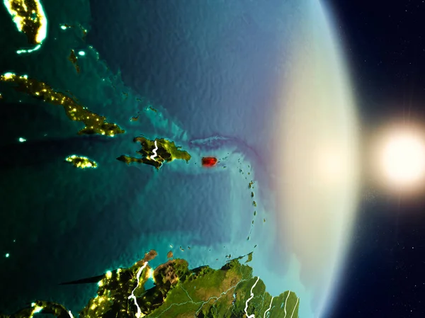 Porto Riko red Planet Earth görünür ülke sınırları ile vurgulanmış gündoğumu sırasında. 3D çizim. Nasa tarafından döşenmiş bu görüntü unsurları.