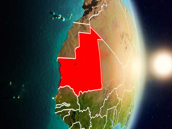 Moritanya red Planet Earth görünür ülke sınırları ile vurgulanmış gündoğumu sırasında. 3D çizim. Nasa tarafından döşenmiş bu görüntü unsurları.