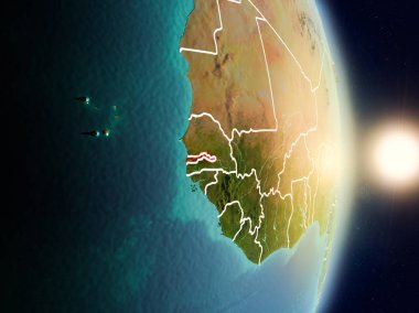 Gambiya red Planet Earth görünür ülke sınırları ile vurgulanmış gündoğumu sırasında. 3D çizim. Nasa tarafından döşenmiş bu görüntü unsurları.