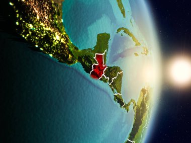 Guatemala red Planet Earth görünür ülke sınırları ile vurgulanmış gündoğumu sırasında. 3D çizim. Nasa tarafından döşenmiş bu görüntü unsurları.