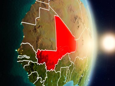 Mali red Planet Earth görünür ülke sınırları ile vurgulanmış gündoğumu sırasında. 3D çizim. Nasa tarafından döşenmiş bu görüntü unsurları.