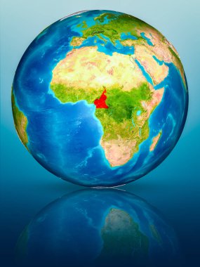 Kamerun kırmızı yansıtıcı mavi yüzeyi Dünya gezegeninin modeli. 3D çizim. Nasa tarafından döşenmiş bu görüntü unsurları.