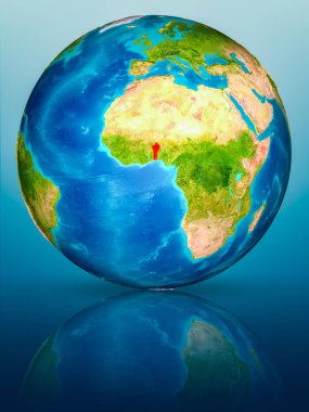 Benin kırmızı yansıtıcı mavi yüzeyi Dünya gezegeninin modeli. 3D çizim. Nasa tarafından döşenmiş bu görüntü unsurları.