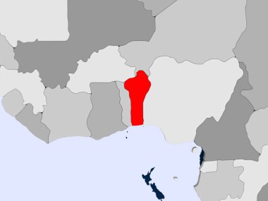 Benin kırmızı şeffaf okyanuslar ile siyasi harita üzerinde. 3D çizim.