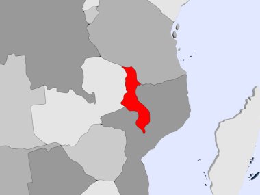 Malavi kırmızı şeffaf okyanuslar ile siyasi harita üzerinde. 3D çizim.