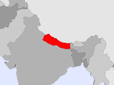 Nepal kırmızı şeffaf okyanuslar ile siyasi harita üzerinde. 3D çizim.