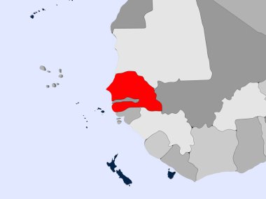 Senegal kırmızı şeffaf okyanuslar ile siyasi harita üzerinde. 3D çizim.