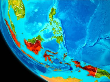 Endonezya Planet Earth görünür kenarlıklar ile kırmızı vurgulanır. 3D çizim. Nasa tarafından döşenmiş bu görüntü unsurları.