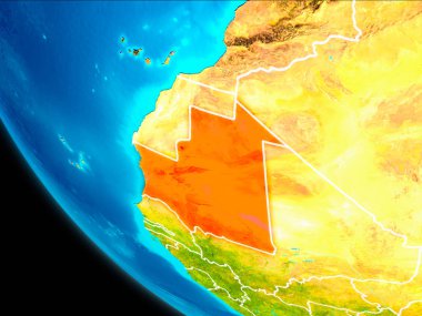 Moritanya Planet Earth görünür kenarlıklar ile kırmızı vurgulanır. 3D çizim. Nasa tarafından döşenmiş bu görüntü unsurları.