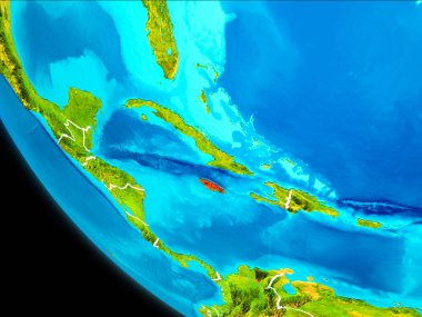 Jamaika Planet Earth görünür kenarlıklar ile kırmızı vurgulanır. 3D çizim. Nasa tarafından döşenmiş bu görüntü unsurları.