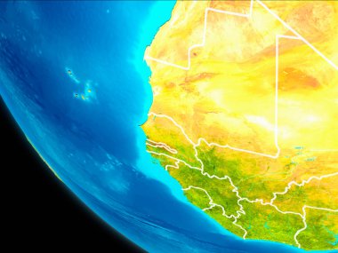 Gambiya Planet Earth görünür kenarlıklar ile kırmızı vurgulanır. 3D çizim. Nasa tarafından döşenmiş bu görüntü unsurları.