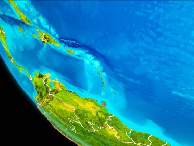 Karayipler Planet Earth görünür kenarlıklar ile kırmızı vurgulanır. 3D çizim. Nasa tarafından döşenmiş bu görüntü unsurları.