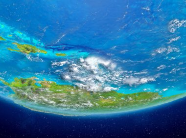 Karayipler bulutlar ile Planet Earth kırmızı vurgulanır. 3D çizim. Nasa tarafından döşenmiş bu görüntü unsurları.