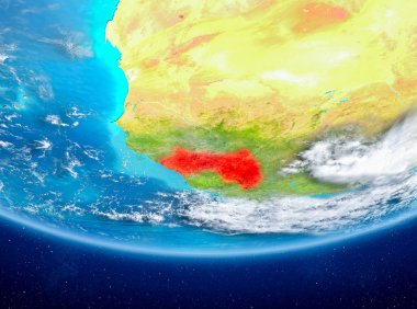 Gine kırmızı Planet Earth bulutlar ile vurgulanır. 3D çizim. Nasa tarafından döşenmiş bu görüntü unsurları.