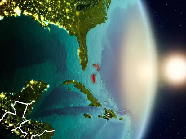 Bahamalar red Planet Earth görünür ülke sınırları ile vurgulanmış gündoğumu sırasında. 3D çizim. Nasa tarafından döşenmiş bu görüntü unsurları.