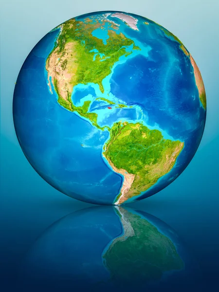 Jamaïque Rouge Sur Modèle Planète Terre Sur Une Surface Bleue — Photo