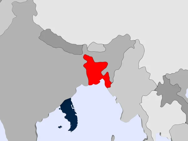 Бангладеш Красным Цветом Политической Карте Прозрачными Океанами Иллюстрация — стоковое фото