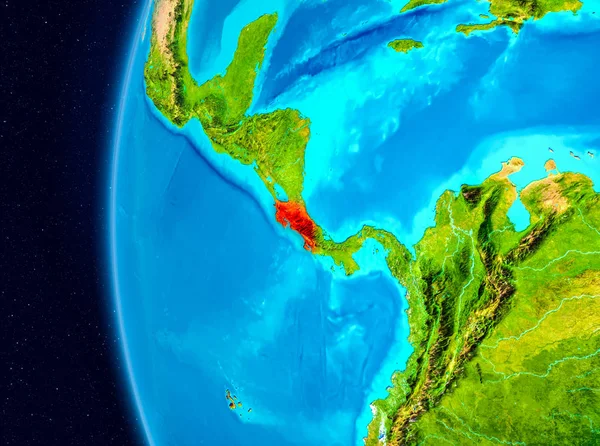 Illustration of Costa Rica as seen from Earth orbit on planet Earth. 3D illustration. Elements of this image furnished by NASA.