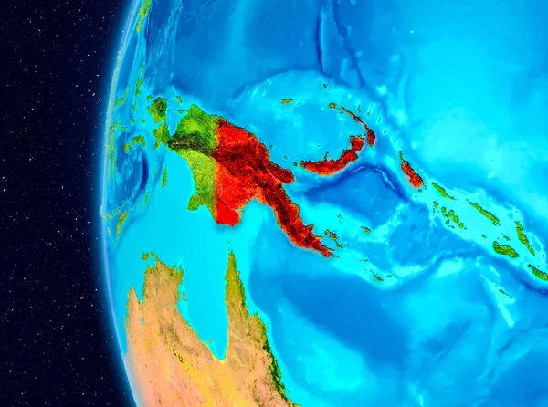 Papua Yeni Gine üzerinden dünya yörüngesi gezegeni görüldüğü gibi Illustration. 3D çizim. Nasa tarafından döşenmiş bu görüntü unsurları.