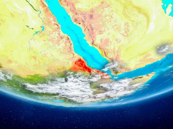 Eritre Planet Earth bulutlar ile kırmızı vurgulanır. 3D çizim. Nasa tarafından döşenmiş bu görüntü unsurları.