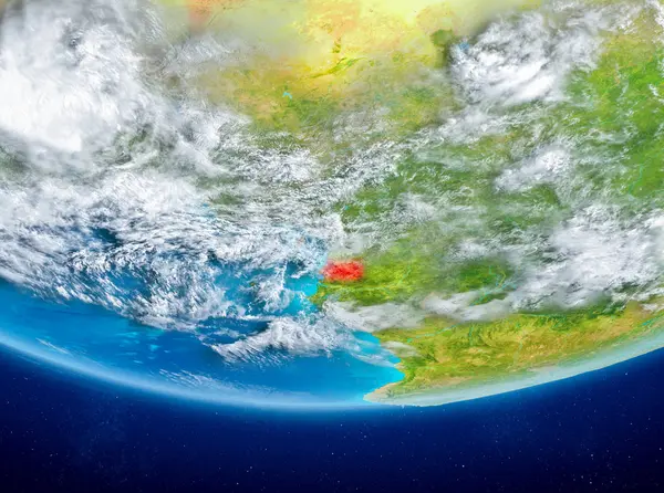 Ekvator Ginesi Planet Earth bulutlar ile kırmızı vurgulanır. 3D çizim. Nasa tarafından döşenmiş bu görüntü unsurları.