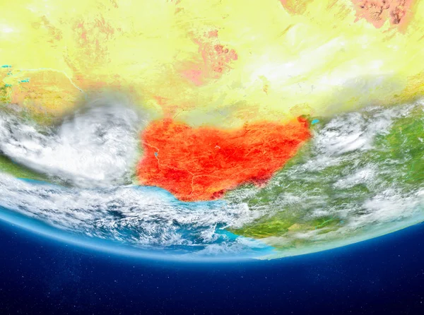 Nijerya Planet Earth bulutlar ile kırmızı vurgulanır. 3D çizim. Nasa tarafından döşenmiş bu görüntü unsurları.