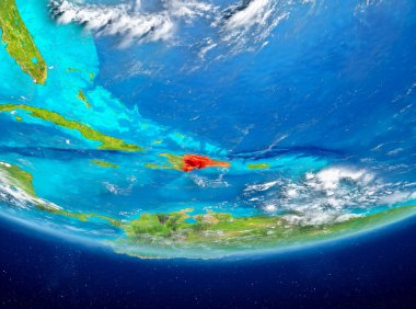 Dominik Cumhuriyeti Planet Earth bulutlar ile kırmızı vurgulanır. 3D çizim. Nasa tarafından döşenmiş bu görüntü unsurları.