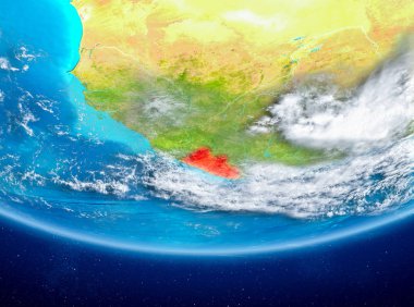 Liberya Planet Earth bulutlar ile kırmızı vurgulanır. 3D çizim. Nasa tarafından döşenmiş bu görüntü unsurları.