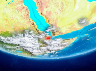Cibuti Planet Earth bulutlar ile kırmızı vurgulanır. 3D çizim. Nasa tarafından döşenmiş bu görüntü unsurları.
