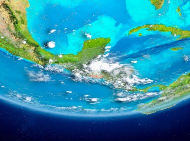 El Salvador Planet Earth bulutlar ile kırmızı vurgulanır. 3D çizim. Nasa tarafından döşenmiş bu görüntü unsurları.