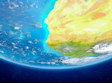 Gambiya Planet Earth bulutlar ile kırmızı vurgulanır. 3D çizim. Nasa tarafından döşenmiş bu görüntü unsurları.