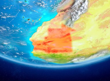 Moritanya Planet Earth bulutlar ile kırmızı vurgulanır. 3D çizim. Nasa tarafından döşenmiş bu görüntü unsurları.