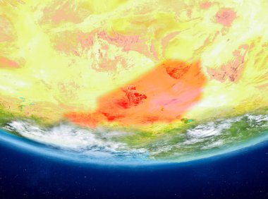 Nijer Planet Earth bulutlar ile kırmızı vurgulanır. 3D çizim. Nasa tarafından döşenmiş bu görüntü unsurları.