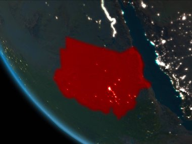 Son derece detaylı yüzey dokuları ile gece Dünya gezegeninin yörüngesine Sudan'dan. 3D çizim. Nasa tarafından döşenmiş bu görüntü unsurları.