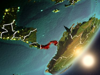 Panama çok detaylı yüzey dokuları ve görünür ülke sınırları ile uzaydan. 3D çizim. Nasa tarafından döşenmiş bu görüntü unsurları.