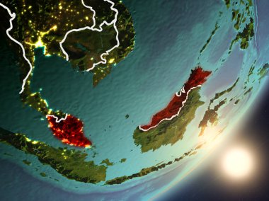 Malezya son derece detaylı yüzey dokuları ve görünür ülke sınırları ile uzaydan. 3D çizim. Nasa tarafından döşenmiş bu görüntü unsurları.