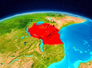 Planet Earth kırmızı vurgulanır Tanzanya'nın uydu görüntüsü. 3D çizim. Nasa tarafından döşenmiş bu görüntü unsurları.