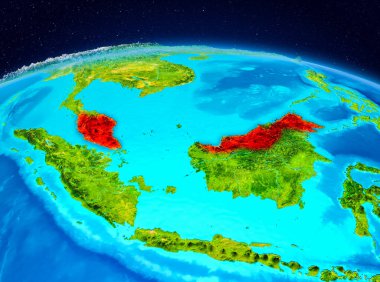 Uydu görüntüsü Malezya red Planet Earth vurgulanmış. 3D çizim. Nasa tarafından döşenmiş bu görüntü unsurları.