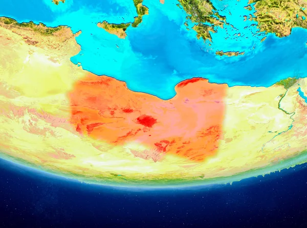 Libya Planet Earth bulutlar ile kırmızı vurgulanır. 3D çizim. Nasa tarafından döşenmiş bu görüntü unsurları.