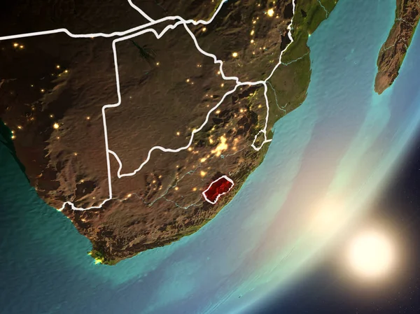 Lesotho son derece detaylı yüzey dokuları ve görünür ülke sınırları ile uzaydan. 3D çizim. Nasa tarafından döşenmiş bu görüntü unsurları.