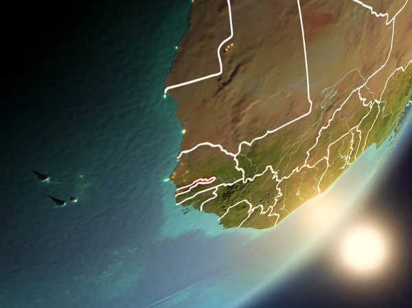 Gambiya son derece detaylı yüzey dokuları ve görünür ülke sınırları ile uzaydan. 3D çizim. Nasa tarafından döşenmiş bu görüntü unsurları.