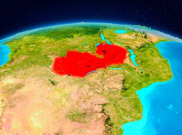 Satellite view of Zambia highlighted in red on planet Earth. 3D illustration. Elements of this image furnished by NASA.